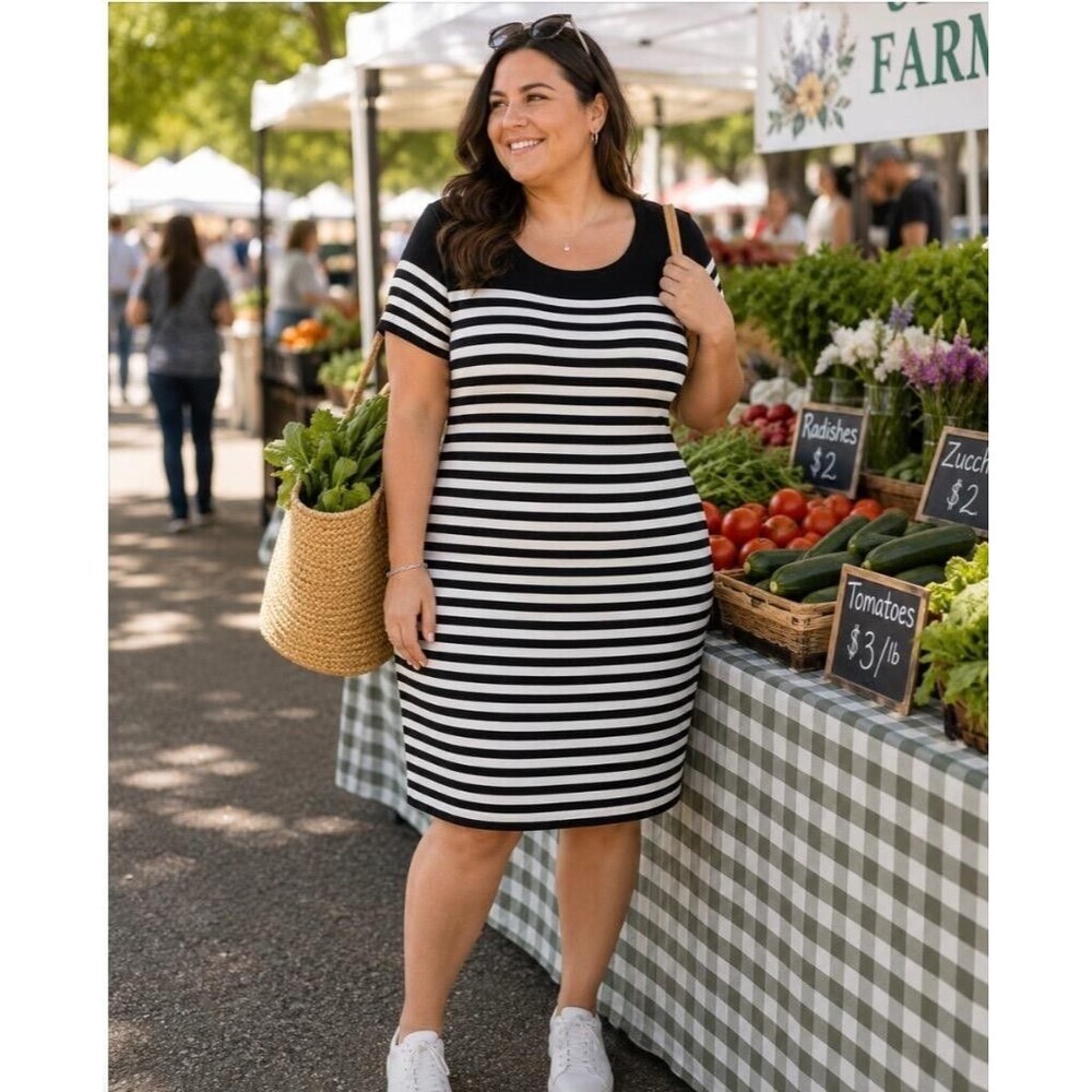 Torrid Dress Womens 3X Black White Striped Knit Shift T Shirt Short Sleeve